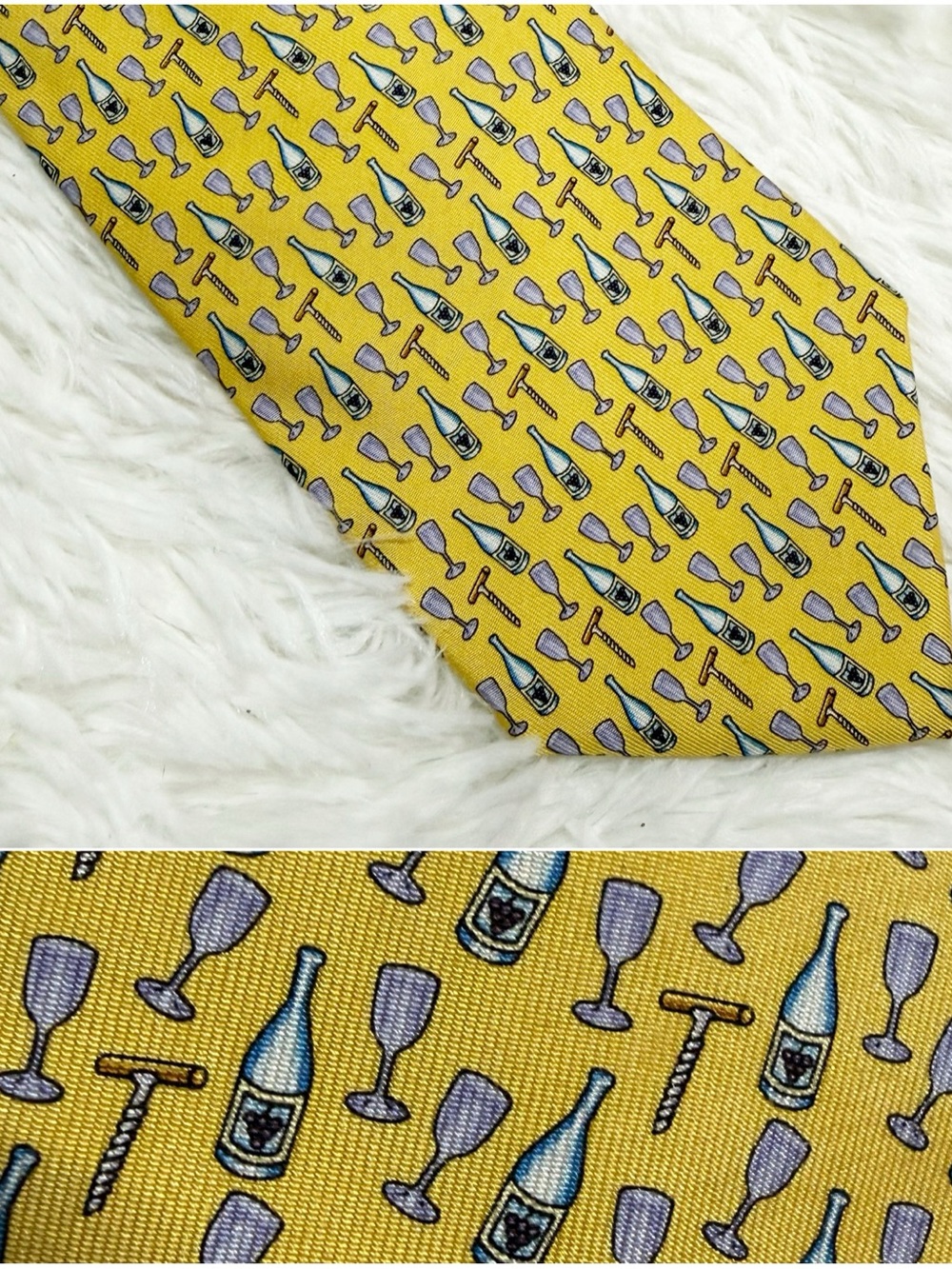 Vineyard Vines Men’s Silk Tie Yellow Wine Bottle Glass Corkscrew USA